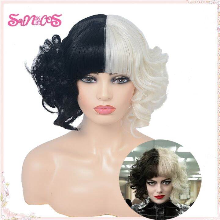 new-cruella-wigs-cruella-de-vil-short-black-white-have-bangs-hair-deville-heat-resistant-synthetic-wigs-halloween-free-wig-cap