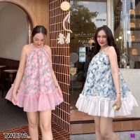 J18760 เดรสสั้น สายผูกโบว์คอ ปรับรูดเองได้ Short dress with bow neckline. can adjust by yourself