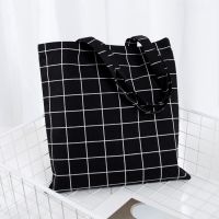 1PC Women Shopper Bag Plaid Linen Cotton Canvas Shopping Shoulder Bags Eco-friendly Folding Portable Grocery Tote Bags 3 Color