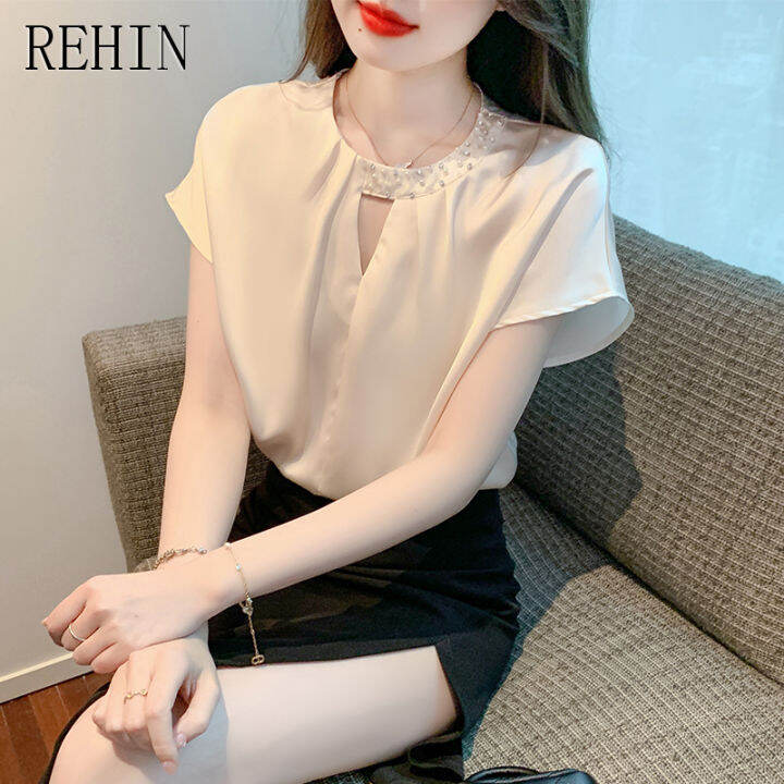 rehin-เสื้อเชิ๊ตผู้หญิงผ้าชีฟองแบบสวมหัว-เสื้อเชิ๊ตผู้หญิงผ้าชีฟองคอกลมสีทึบแฟชั่นใหม่ฤดูร้อน