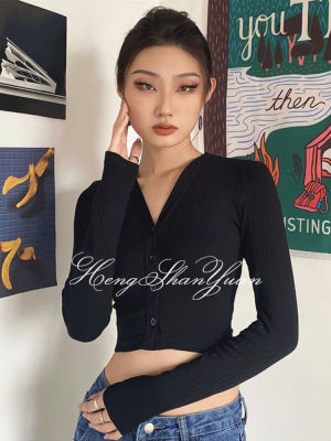 HengShanYuan เสื้อยืดคอวีแขนยาวเปิดหลังสำหรับผู้หญิง,เสื้อยืดทรงสลิม Cewek Seksi แบบใหม่