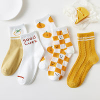 5 Pairs Womens Socks Set Yellow Letters Kawaii Cartoon Fruit Expression Plaid Sock Thin Breathable calcetines skarki damskie