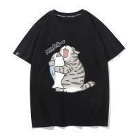 เสื้อยืด เสื้อยืดคอตตอน 100% ▣เสื้อยืดคู่รัก Hug fish cat แต่งแบบอะนิเมะแขนสั้นสำหรับผู้ชายและผู้หญิง ผ้าฝ้าย 100% มีสต็