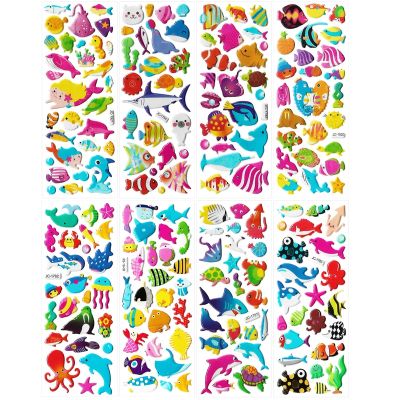 8 Sheets 3D Cartoon Sea Fishes Animal Stickers Ocean World Coral Jellyfish Mermaid Waterproof Sticker Kids Scrapbook Decal Toys Stickers Labels