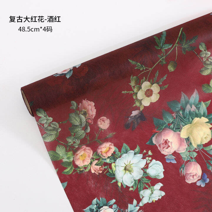 48cmx4yards-ม้วนวินเทจกุหลาบภาพวาดสีน้ำมันผ้าไม่ทอดอกไม้สวนห่อกระดาษช่อบรรจุภัณฑ์ซับด้านในเอกสารสีเข้ม