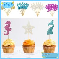 XIUZH 24Pcs ปลาดาวปลาดาว ท็อปเปอร์คัพเค้ก เปลือกหอยในทะเล หางปลาหางยาว ของตกแต่งเค้ก การ์ตูนลายการ์ตูน ฮิบโปแคมปัส ธงบนเค้ก คัพเค้กคัพเค้ก