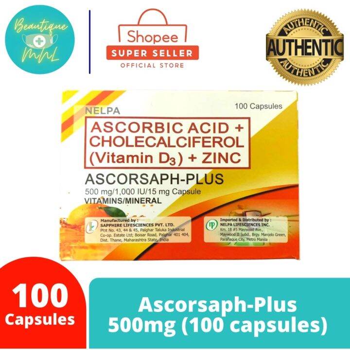 Ascorbic Acid Vitamin D3 Zinc 500mg ASCORSAPHPLUS (100 CAPSULES