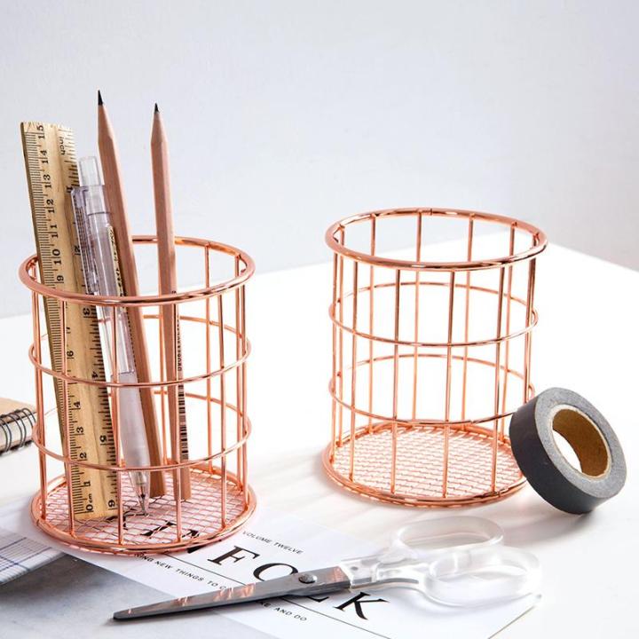 rose-gold-wire-net-pencil-holder-round-iron-mesh-pen-cup-stationery-organizer-de