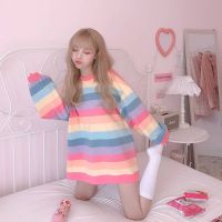 Autumn Ulzzang Chic Casual Long Sleeve Woman Striped T-Shirt Rainbow Female Cute Harajuku Oversized T Shirts Streetwear Femme