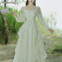 Beautiful Online White Dress French Style Square Collar Long SLeeves Lace Princess Midi Women Dress