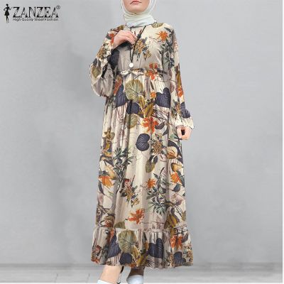 ZANZEA Women Long Sleeve Printed Flounce Hem Muslim Maxi Dress