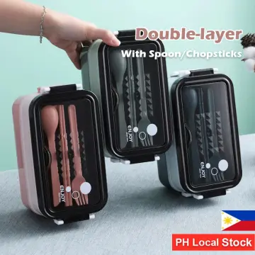 1set Microwaveable Plastic Double Layer Lunch Box With Bag And