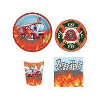 ¿¿♙Firemen Theme Disposable Tableware เด็กวันเกิดรถดับเพลิงกระดาษถ้วยผ้าเช็ดปาก Forest อุปกรณ์จัดงานแต่งงาน