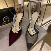 ₪⊙ Diamond Rhinestone Shallow Women Pumps Pointed Toe High Heels Sexy Fashion Banquet Party Shoes Black Wine Red Slip On Ladies