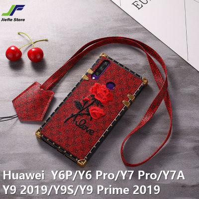 JieFie เคสลายดอกกุหลาบสำหรับ Huawei Y6P 2020 / Y6 Pro / Y7 Pro/ Y7A / Y9S / Y9 2019 / Y9 Prima/nova 9se หรูหนังสี่เหลี่ยมเคสโทรศัพท์ + เชือกเส้นเล็ก