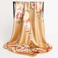 ☼  2021 Sunscreen 90X90CM Silk Scarves Popular Flower Big Kerchief Fashion Style Square Shawls Four Seasons Print Satin Headcloth