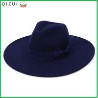 QIZUI ฤดูหนาว โบสถ์ เสื้อทรงหัวใจพีช แจ๊ส ปีกแบน โบว์ Fedoras ชายคาใหญ่ ผ้าขนสัตว์ หมวกทรงสูง