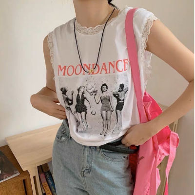 MALISTA เสื้อแขนกุดผ้าเด้ง ผ้านิ่มมากลาย Moondanceช่วงคอและแขนแต่งลูกไม้