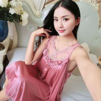 【 WYIN kitchen】 Summer Nightdress Women 39;s Pajamas Lace Ice Silk Sleeveless Loose Vest Nightgown Home Wear Clothes comfortable Loungewear Pj