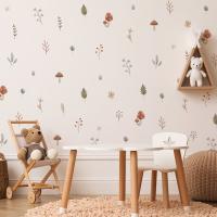 Boho Cartoon Mushroom Branch Leaves Flowers Pattern Wall Stickers for Kids Room Baby Nursery Room Home Decor Interior Decals Stickers