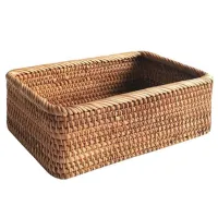 Hand-Woven Rectangular Rattan Wicker Basket Fruit Tea Snack Bread Picnic Cosmetic Storage Box Kitchen Household Tools