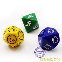 Bescons Emotion Weather and Direction Dice Set 3 piece Proprietary Polyhedral RPG Dice Set in Blue Green Yellow