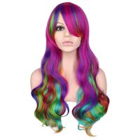 QQXCAIW Rainbow Colorful Synthetic Long Curly Hair Wig Cosplay Party Women High Temperature Wigs2023