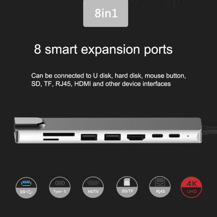 hot-on-sale-jhwvulk-ฮับ8-in-1อ่านอะลูมินัมอัลลอย-type-c-pd-usb-c-สำหรับ-macbook-pro-to-i-rj45-hdmi-usb-3-0พอร์ต2-0-usb-พร้อมฮับ3-0-tf-sd