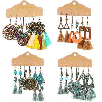 3 Sets Bohemian Tassels Earrings Ear Ornament Retro National Style European And American Fashion 3 Sets Bright Colors Various Styles Bright Style Multi-element Shape Interesting And Rich Patterns