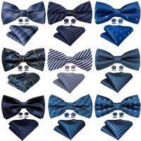 【Fashion house]สีฟ้า Pre-Bow Tie สำหรับผู้ชาย39; S Bowtie ผ้าไหม Jacquard ลายสก๊อตโบว์กระเป๋ากระดุมข้อมือชุดชายผีเสื้อพรรคแต่งงานแบร์รี่วัง