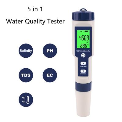: “-5ใน1ตัวทดสอบคุณภาพน้ำดิจิตอล TDS/EC/PH/ความเค็ม/เครื่องวัดอุณหภูมิสำหรับสระว่ายน้ำพิพิธภัณฑ์สัตว์น้ำตัวตรวจสอบคุณภาพน้ำ
