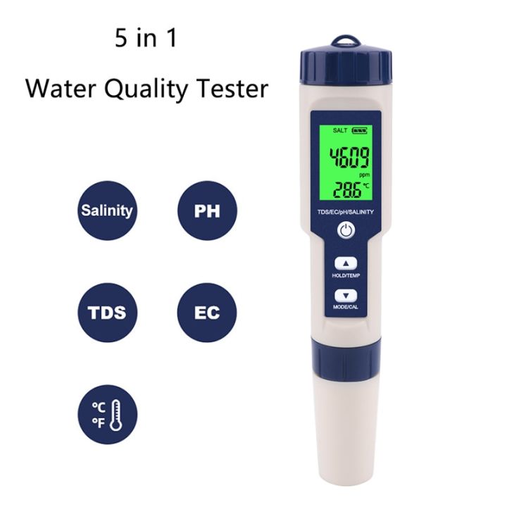 5ใน1ตัวทดสอบคุณภาพน้ำดิจิตอล-tds-ec-ph-ความเค็ม-เครื่องวัดอุณหภูมิสำหรับสระว่ายน้ำพิพิธภัณฑ์สัตว์น้ำตัวตรวจสอบคุณภาพน้ำ