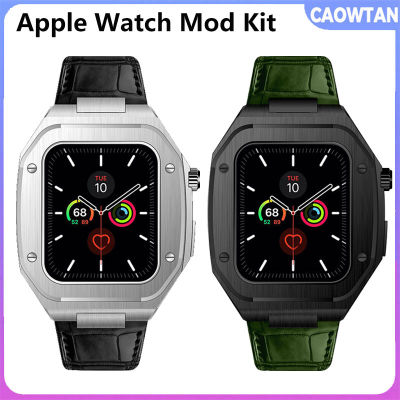สายชุดแท่งหนังแท้หรูหราสำหรับนาฬิกา Apple 8 7 45มม. สแตนเลสกล่องโลหะสายเหล็กสำหรับ I Watch Series 8 7 6 5 4 3 SE 44มม.