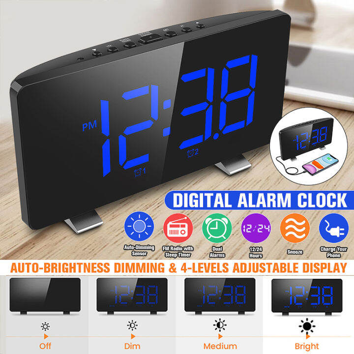 Digital Alarm Clock with FM Radio Dual Alarm 6.7'LED Screen USB Port 4 Brightness 12/24H