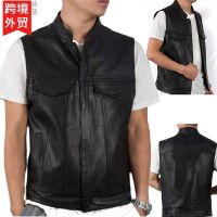 [COD] European size cross-border spring and autumn winter mens stand collar black leather vest casual tooling sleeveless jacket