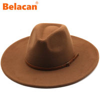 สตรีรู้สึก Fedora หมวกกว้าง Birm ขนสัตว์รู้สึกปานามาหมวกฤดูใบไม้ร่วงฤดูหนาวบิ๊กพร้อมสีขาวสีน้ำตาลหมวกแฟชั่นคลาสสิกแจ๊สหมวกด้วยเข็มขัด