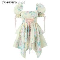 ❐∏ ocehrk 2023 doce princesa cruz corda arco frente flor imprimir irregular vestido de baile feminino puff manga swing mini bolo fadas robe