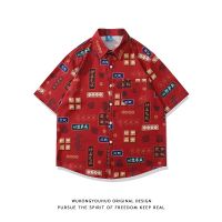 Retro Chinese style full printed red short-sleeved shirt mens summer tide brand loose couple all-match shirt 【BYUE】