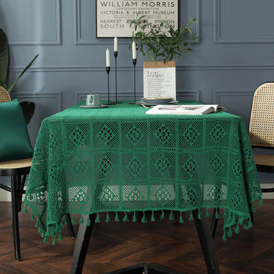 （HOT) ขายส่ง ins สีเขียวย้อนยุคอเมริกันมือโครเชต์ผ้าปูโต๊ะกลมถักกลวงศิลปะผ้าปูโต๊ะกาแฟพื้นหลังการถ่ายภาพ