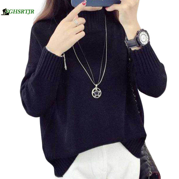 เสื้อถักฤดูหนาวสีทึบแขนยาวสำหรับผู้หญิง-เสื้อสเวตเตอร์ถักทรงหลวมเหมาะสำหรับใส่ไปช้อปปิ้ง