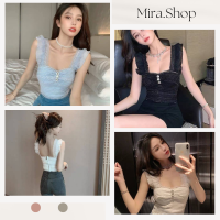 Mira.shop  เสื้อสายเดี่ยว เสื้อกล้ามแต่งขอบชีฟองกระดุมมุก  เสื้อครอป เสื้อแฟชั่นผญ 1152#