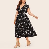 Summer Women Dress Plus Size Polka Dot Floral Print V Neck High Waist Sleeveless Belt Dress Vintage Female Vestidos 2021