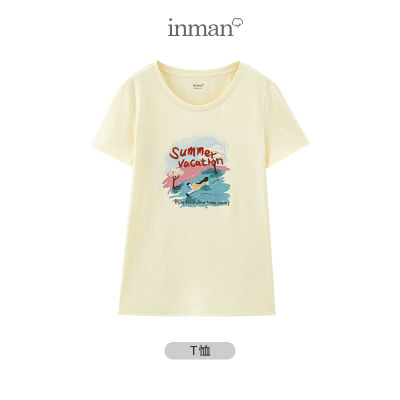 INMAN Summer T-Shirt Girl Causal Cute Style Paillette Figure Pattern Diamentional Letter Embroidery Round Collar Sequins Tops