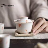 Gaiwan ชุดชา120มล. สีเคลือบด้านใต้เกือกม้าชามมีฝาใบไม้สีแดงชาเครื่องเซรามิคระบายสีด้วยมือล้วนบูติก