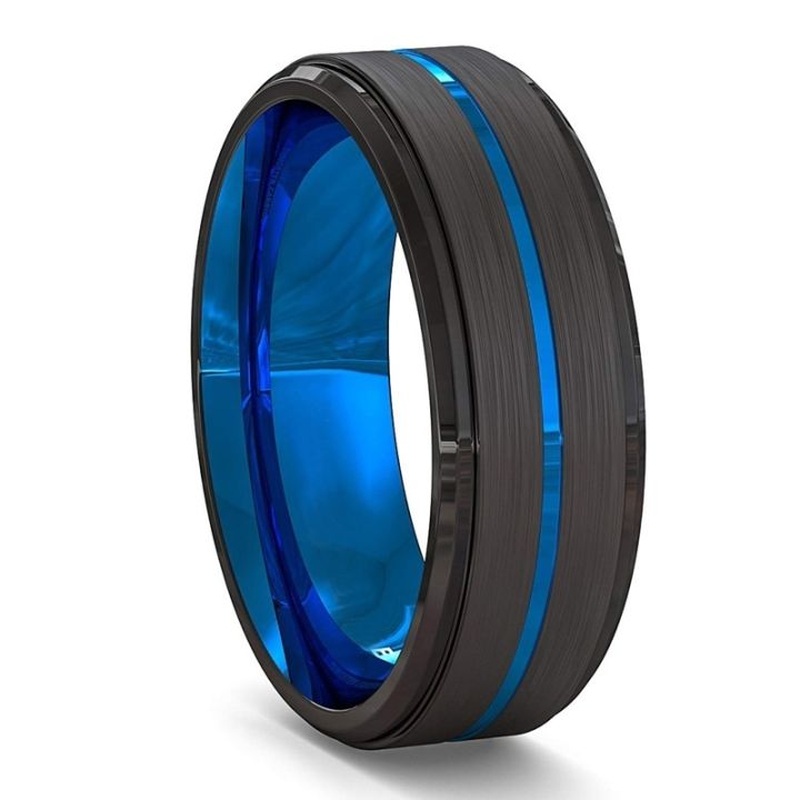 Fashion 8MM Mens Blue Groove Beveled Edge Tungsten Carbide Ring Black Celtic Dragon Blue carbon fibre Ring Men Wedding Band