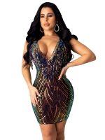 Gold Sequin Tassel Bodycon Mini Dress Women Club Wear Spaghetti Strap V Neck Backless Black White Party Sexy Tight Short Dresses