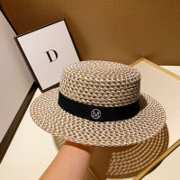 M Letter Round Flat Top Straw Beach Hat Lady Boater Sun Caps Panama Straw Fedora Womens Travel Sun Cap