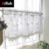 【YD】 1 Piece Pastoral Short Tulle Curtains Room Bedroom Window Drapes Floral Embroidery Half