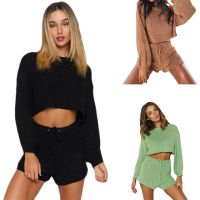 Sweater Two Piece Set Knitted Long Sleeves Crop Tops Bodycon Shorts Suit Sexy 2 Piece Set Women Outfits