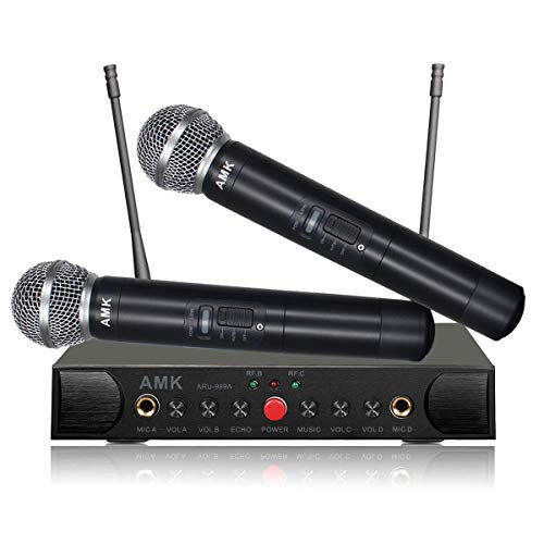 Wireless Microphone System with Echo, AMK UHF Dual Cordless Mics